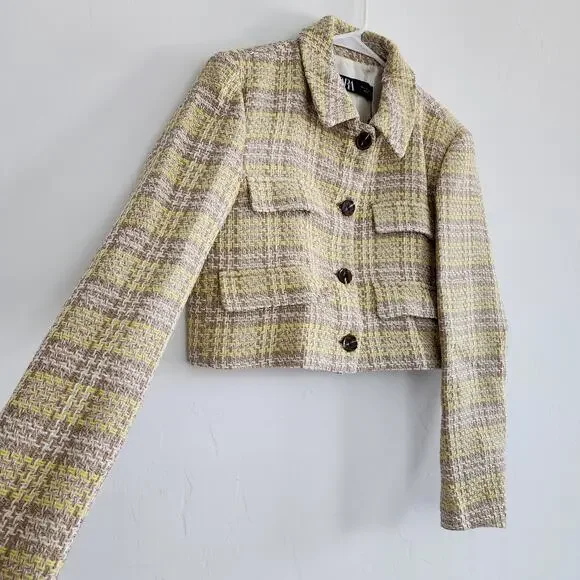 Zara Beige & Yellow Textured Cropped Blazer Button Down Size Large